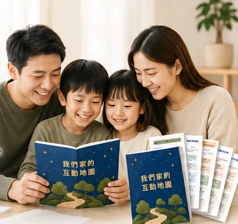 一家人一起閱讀我們家的互動地圖