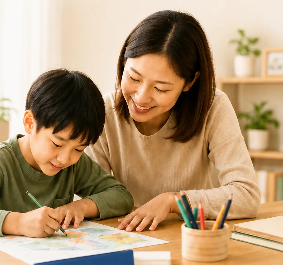 母親陪孩子一起完成學習活動